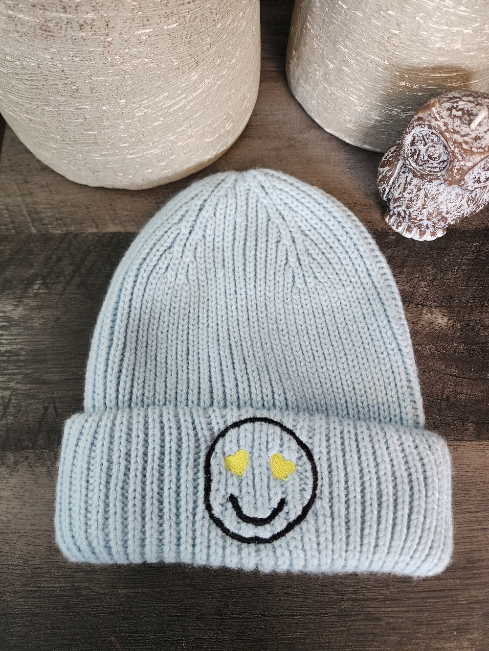 Nordstrom Light Blue Knit Beanie with Yellow Heart-Eye Smiley  NWT